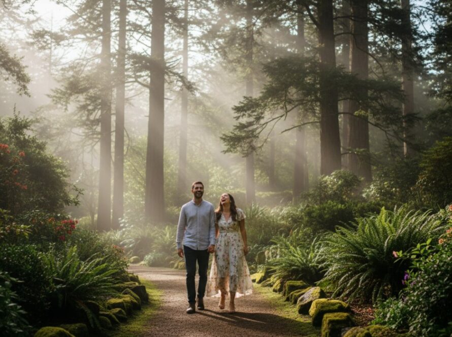 An epic moment of Olinda candid photography capturing genuine Dandenongs moments, featuring a couple laughing spontaneously amidst a sun-dappled forest path in Olinda, Victoria, with towering mountain ash trees and soft light filtering through the canopy, conveying pure joy and natural connection.