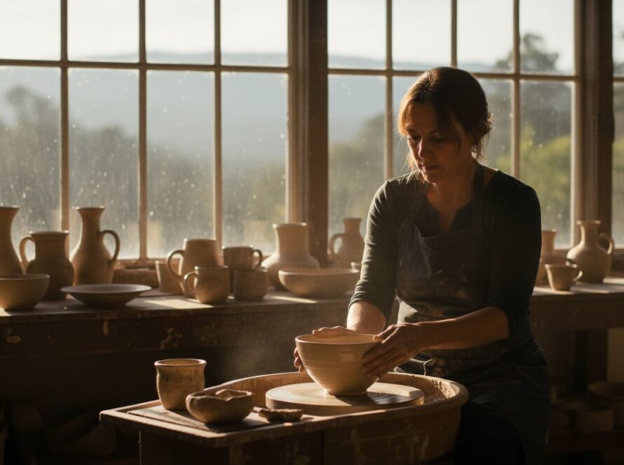 An epic moment captured in Olinda commercial photography for unique artisan businesses, featuring a skilled artisan meticulously hand-finishing a bespoke ceramic piece in a sunlit workshop, surrounded by natural timber and lush greenery of the Dandenong Ranges, with soft, directional light highlighting the intricate details of their craft and focused expression.