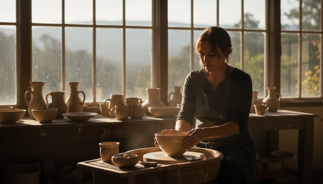 An epic moment captured in Olinda commercial photography for unique artisan businesses, featuring a skilled artisan meticulously hand-finishing a bespoke ceramic piece in a sunlit workshop, surrounded by natural timber and lush greenery of the Dandenong Ranges, with soft, directional light highlighting the intricate details of their craft and focused expression.