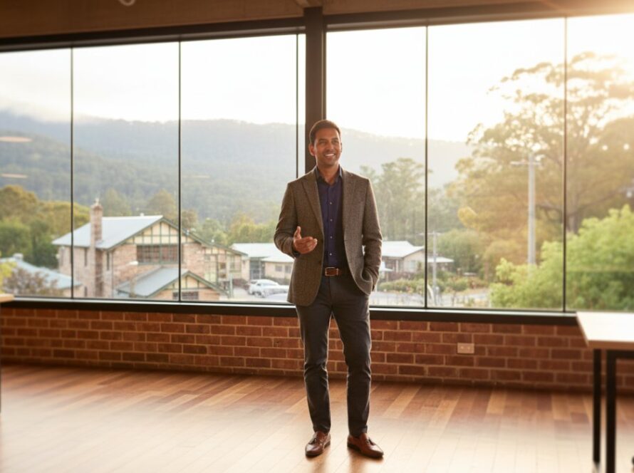 An inspiring wide-angle shot capturing a successful professional in Olinda, bathed in the golden afternoon light filtering through the lush Dandenongs foliage, shaking hands with a client in a modern yet rustic office space, embodying the essence of quality Olinda corporate photography for local businesses, with a blurred backdrop of the charming Olinda village.