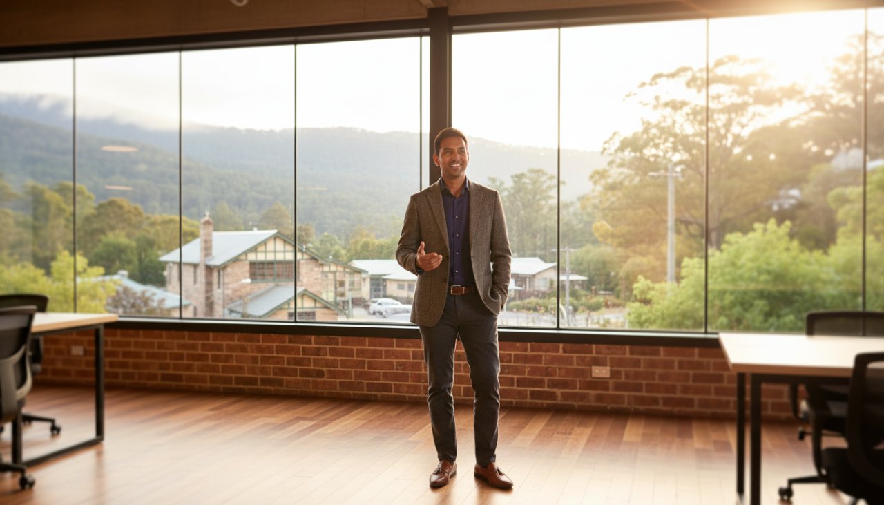 An inspiring wide-angle shot capturing a successful professional in Olinda, bathed in the golden afternoon light filtering through the lush Dandenongs foliage, shaking hands with a client in a modern yet rustic office space, embodying the essence of quality Olinda corporate photography for local businesses, with a blurred backdrop of the charming Olinda village.
