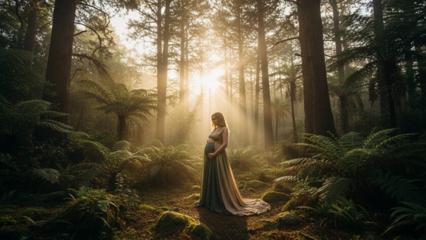 An ethereal and breathtaking photograph capturing a pregnant woman glowing amidst the mist-kissed fern gullies of Olinda, Dandenong Ranges, embodying the unique Olinda Dandenong Ranges maternity photography experience with soft, natural light filtering through the towering trees, highlighting her silhouette and the serene beauty of motherhood.