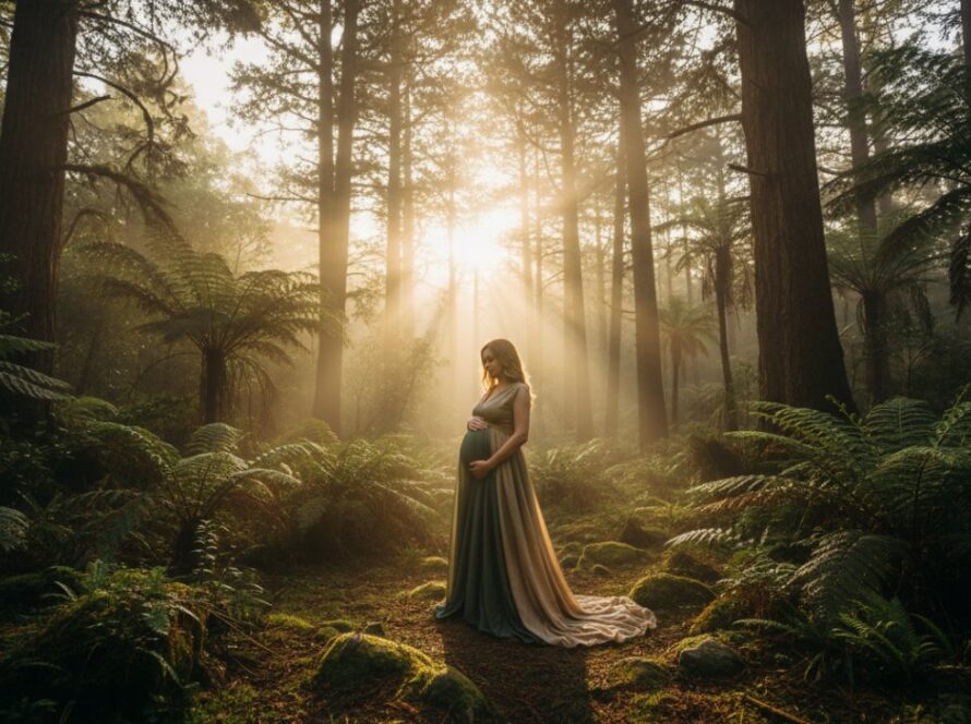 An ethereal and breathtaking photograph capturing a pregnant woman glowing amidst the mist-kissed fern gullies of Olinda, Dandenong Ranges, embodying the unique Olinda Dandenong Ranges maternity photography experience with soft, natural light filtering through the towering trees, highlighting her silhouette and the serene beauty of motherhood.