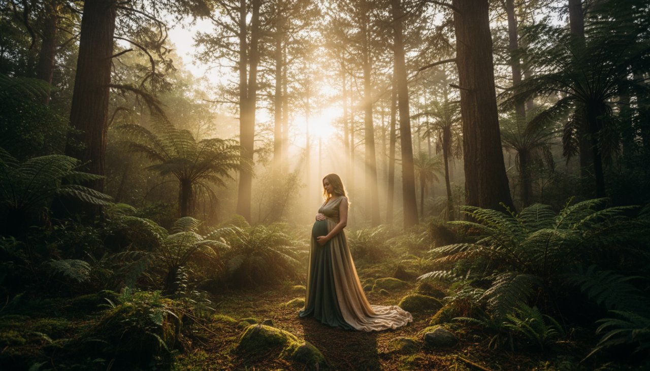 An ethereal and breathtaking photograph capturing a pregnant woman glowing amidst the mist-kissed fern gullies of Olinda, Dandenong Ranges, embodying the unique Olinda Dandenong Ranges maternity photography experience with soft, natural light filtering through the towering trees, highlighting her silhouette and the serene beauty of motherhood.