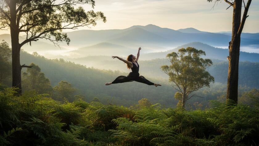 An epic moment in Olinda Dandenongs contemporary dance photography, featuring a dancer in dynamic mid-air leap, silhouetted against the mystical morning fog and towering eucalyptus trees of the Dandenong Ranges.