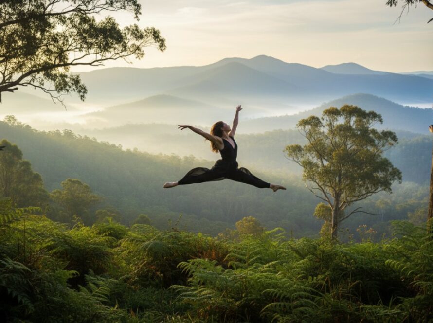 An epic moment in Olinda Dandenongs contemporary dance photography, featuring a dancer in dynamic mid-air leap, silhouetted against the mystical morning fog and towering eucalyptus trees of the Dandenong Ranges.