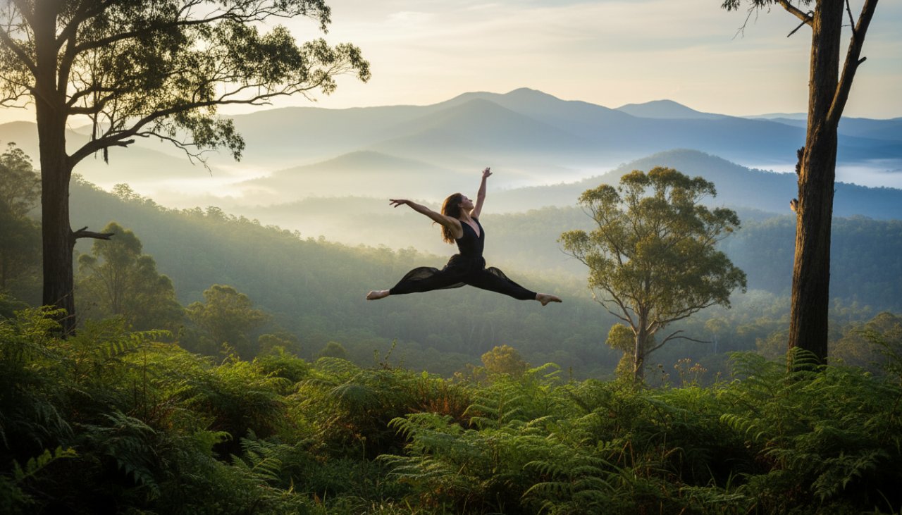 An epic moment in Olinda Dandenongs contemporary dance photography, featuring a dancer in dynamic mid-air leap, silhouetted against the mystical morning fog and towering eucalyptus trees of the Dandenong Ranges.