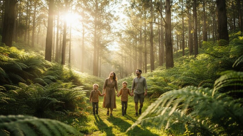 An epic moment of a family laughing joyfully amidst the lush, sun-dappled fern gully of Olinda, capturing the essence of Olinda Dandenongs family photography natural light portraits with warm, golden hour glow.