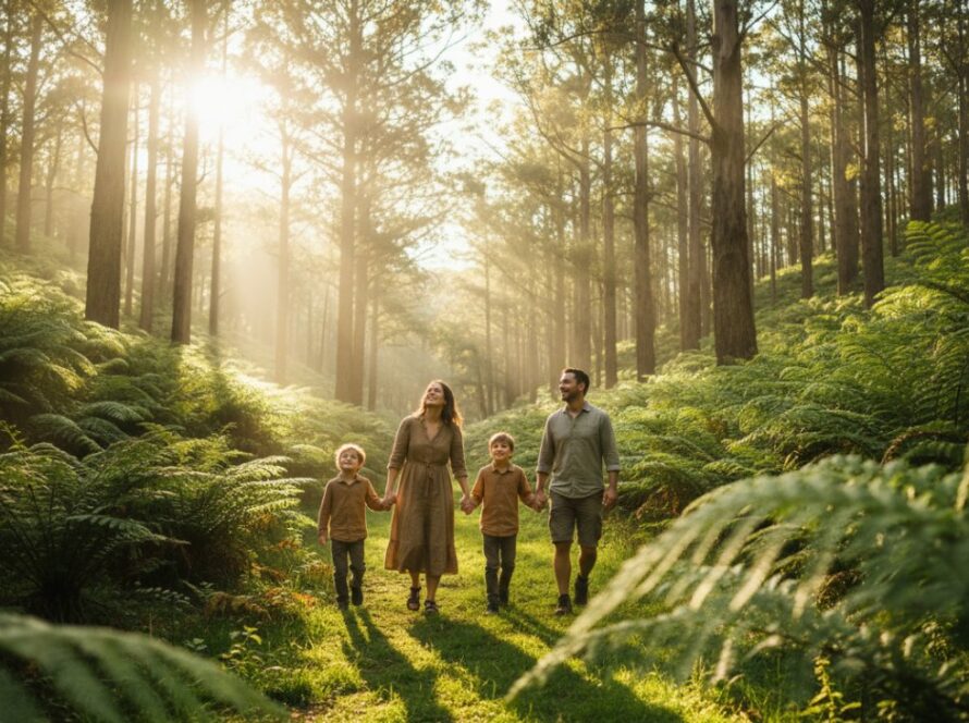 An epic moment of a family laughing joyfully amidst the lush, sun-dappled fern gully of Olinda, capturing the essence of Olinda Dandenongs family photography natural light portraits with warm, golden hour glow.