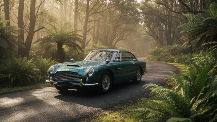 An epic moment of a gleaming, classic European sports car parked majestically on a winding road near Olinda, Dandenongs, bathed in the golden hour light, capturing the essence of Olinda Dandenongs luxury vehicle photography.