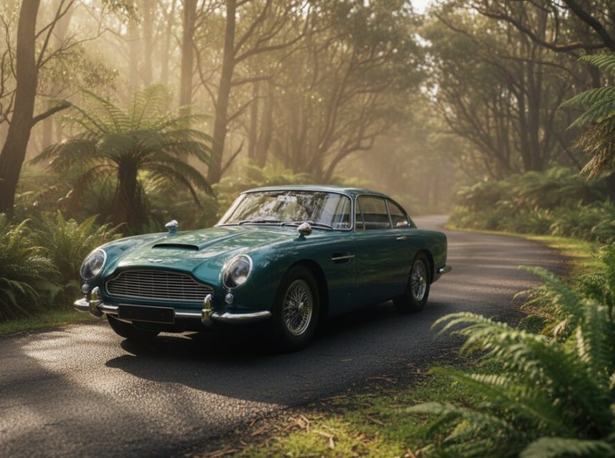 An epic moment of a gleaming, classic European sports car parked majestically on a winding road near Olinda, Dandenongs, bathed in the golden hour light, capturing the essence of Olinda Dandenongs luxury vehicle photography.