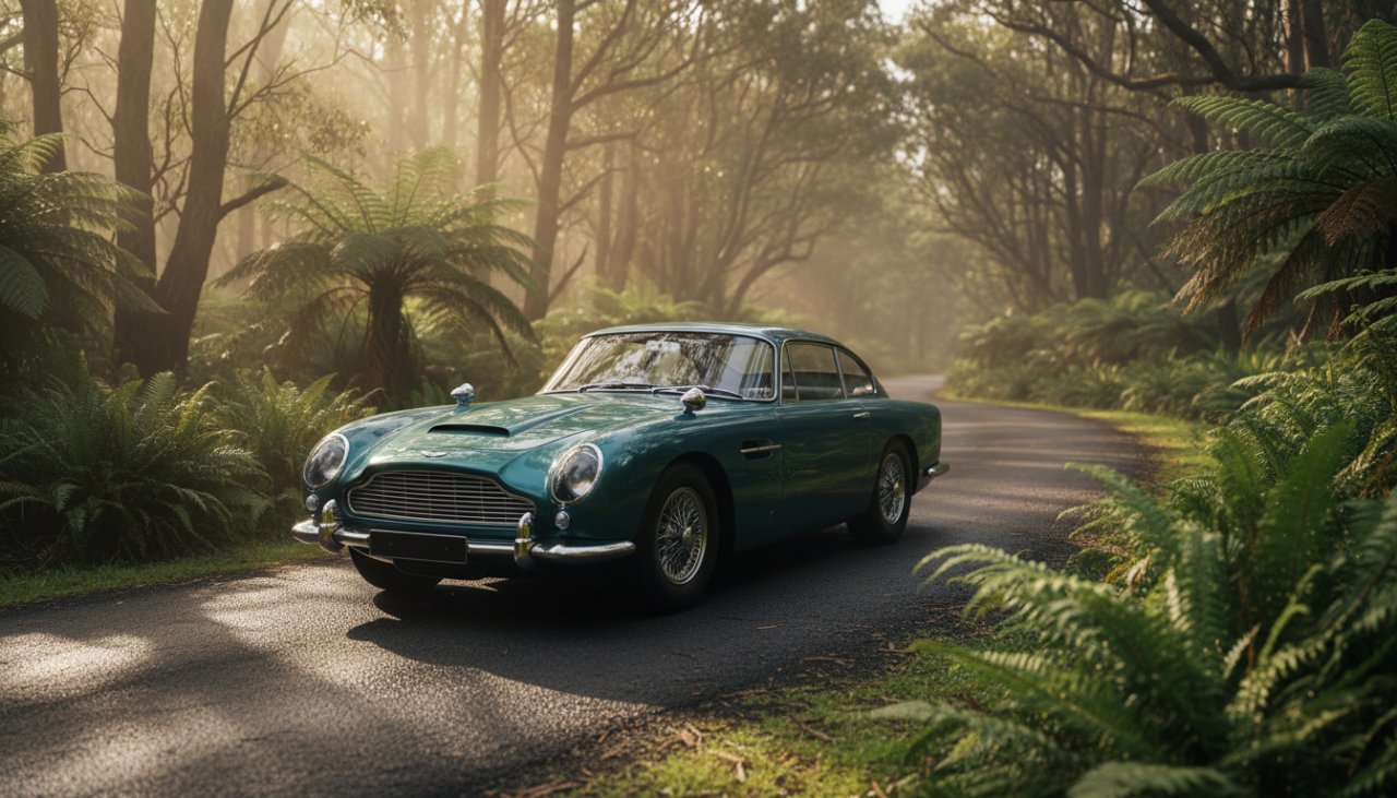 An epic moment of a gleaming, classic European sports car parked majestically on a winding road near Olinda, Dandenongs, bathed in the golden hour light, capturing the essence of Olinda Dandenongs luxury vehicle photography.