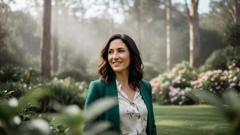 A striking professional portrait capturing an executive's genuine smile amidst the dappled natural light of an Olinda garden, embodying the essence of Olinda Dandenongs professional headshots with natural light.