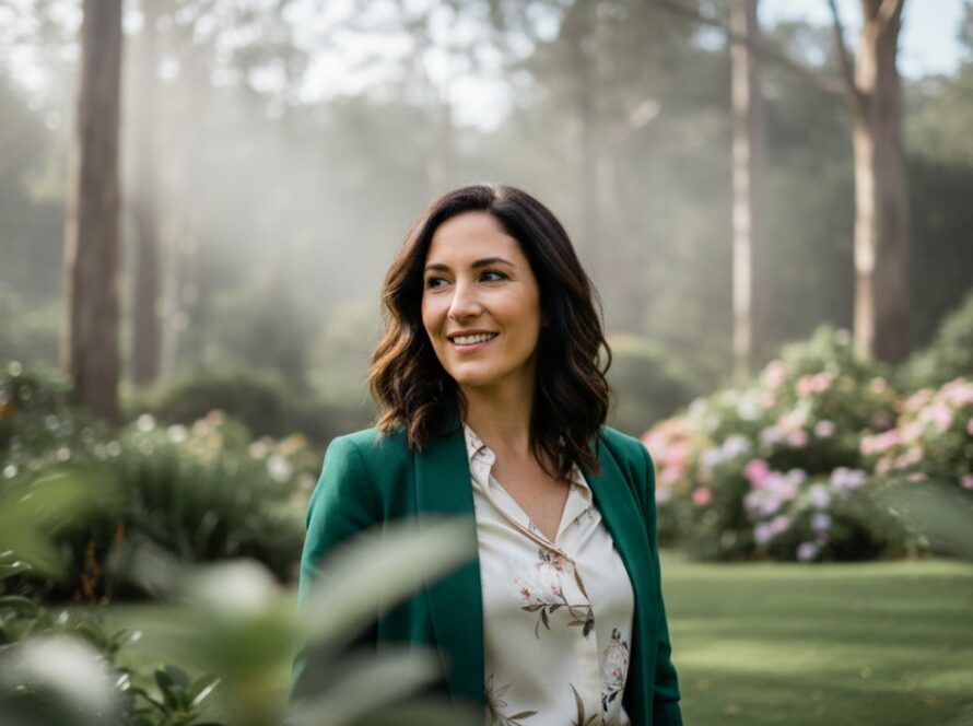 A striking professional portrait capturing an executive's genuine smile amidst the dappled natural light of an Olinda garden, embodying the essence of Olinda Dandenongs professional headshots with natural light.