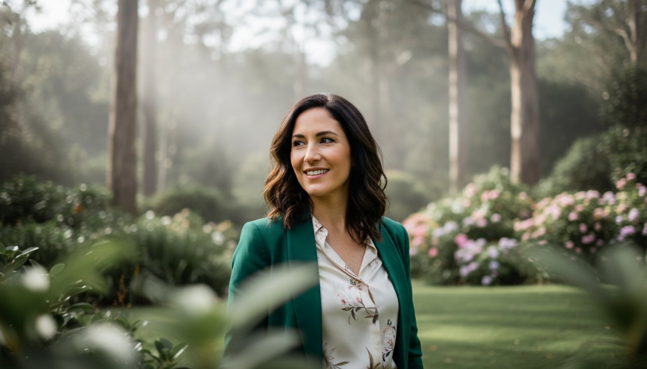 A striking professional portrait capturing an executive's genuine smile amidst the dappled natural light of an Olinda garden, embodying the essence of Olinda Dandenongs professional headshots with natural light.
