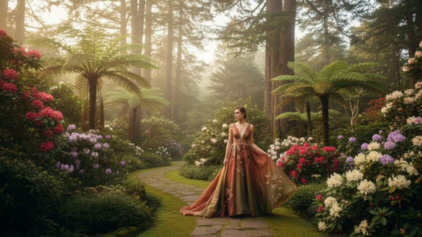 An Olinda editorial photography storytelling shot featuring a stylish couple walking hand-in-hand through a sun-dappled fern gully, framed by towering mountain ash trees, capturing a romantic and authentic Dandenong Ranges moment.