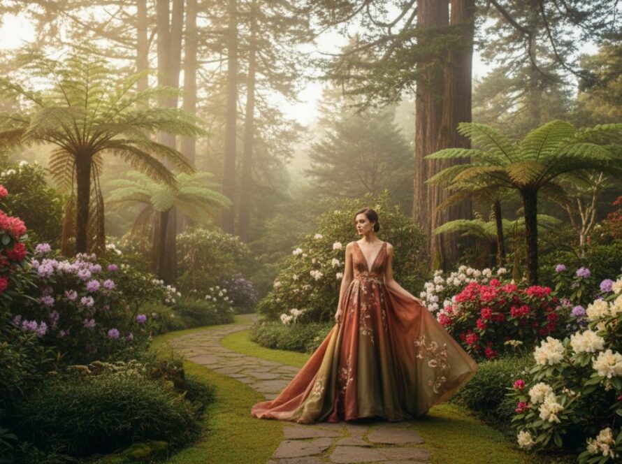 An Olinda editorial photography storytelling shot featuring a stylish couple walking hand-in-hand through a sun-dappled fern gully, framed by towering mountain ash trees, capturing a romantic and authentic Dandenong Ranges moment.