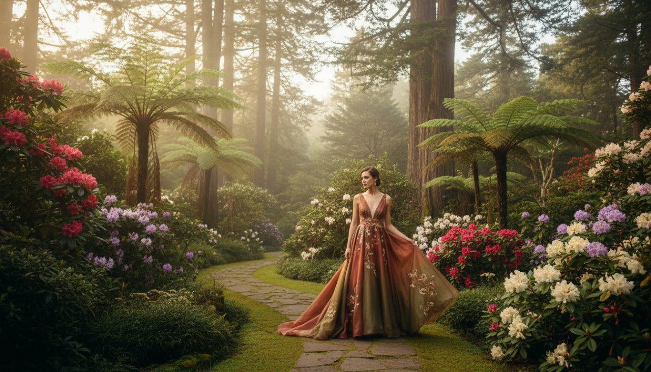 An Olinda editorial photography storytelling shot featuring a stylish couple walking hand-in-hand through a sun-dappled fern gully, framed by towering mountain ash trees, capturing a romantic and authentic Dandenong Ranges moment.