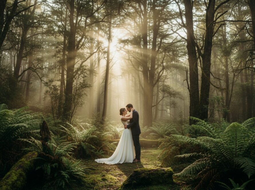 An epic Olinda engagement photoshoot Dandenong Ranges moment: a couple embracing passionately amidst the ethereal, mist-shrouded fern gully forest at sunset, bathed in golden light, evoking deep connection and romance.