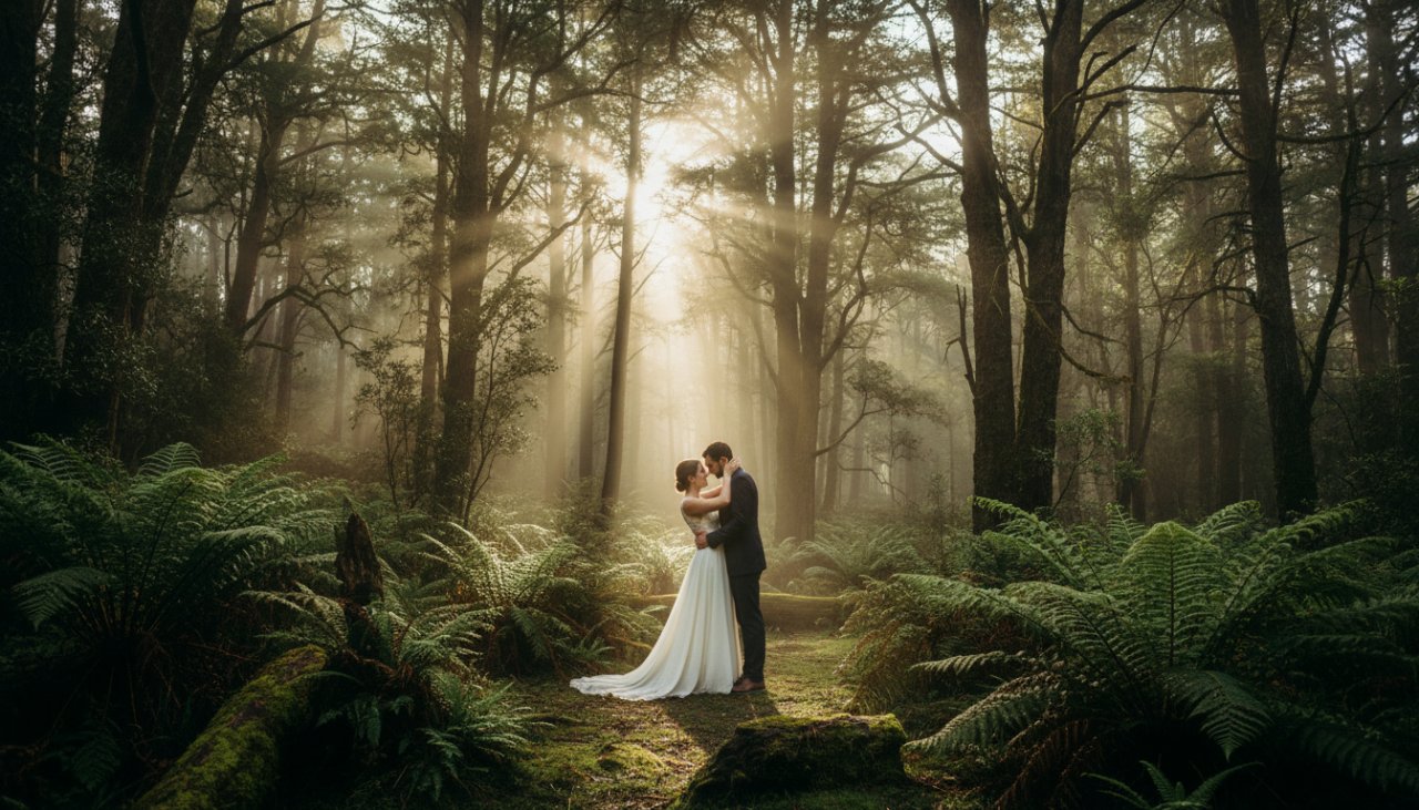 An epic Olinda engagement photoshoot Dandenong Ranges moment: a couple embracing passionately amidst the ethereal, mist-shrouded fern gully forest at sunset, bathed in golden light, evoking deep connection and romance.