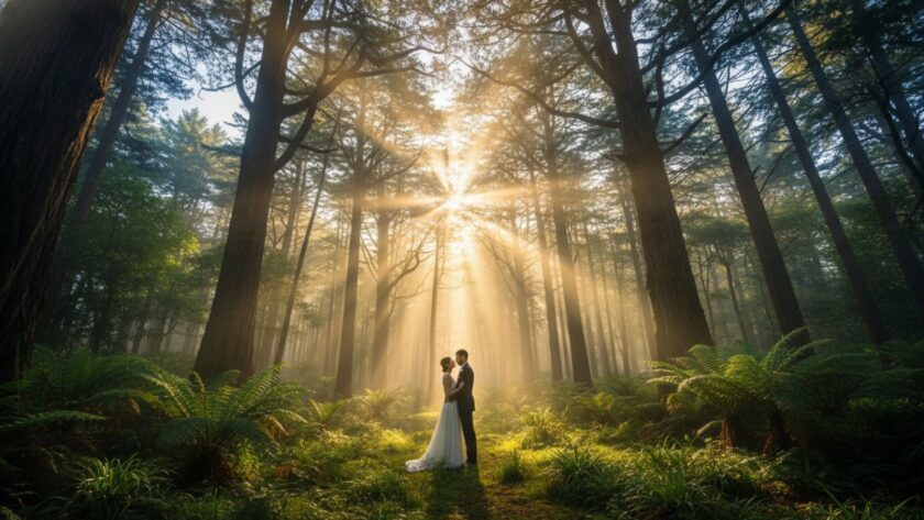 Olinda fine art photography enchanting forest image featuring a couple silhouetted by golden hour light filtering through ancient fern trees, evoking a sense of timeless romance.