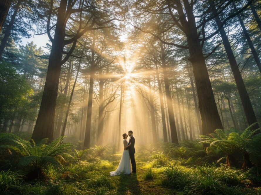 Olinda fine art photography enchanting forest image featuring a couple silhouetted by golden hour light filtering through ancient fern trees, evoking a sense of timeless romance.