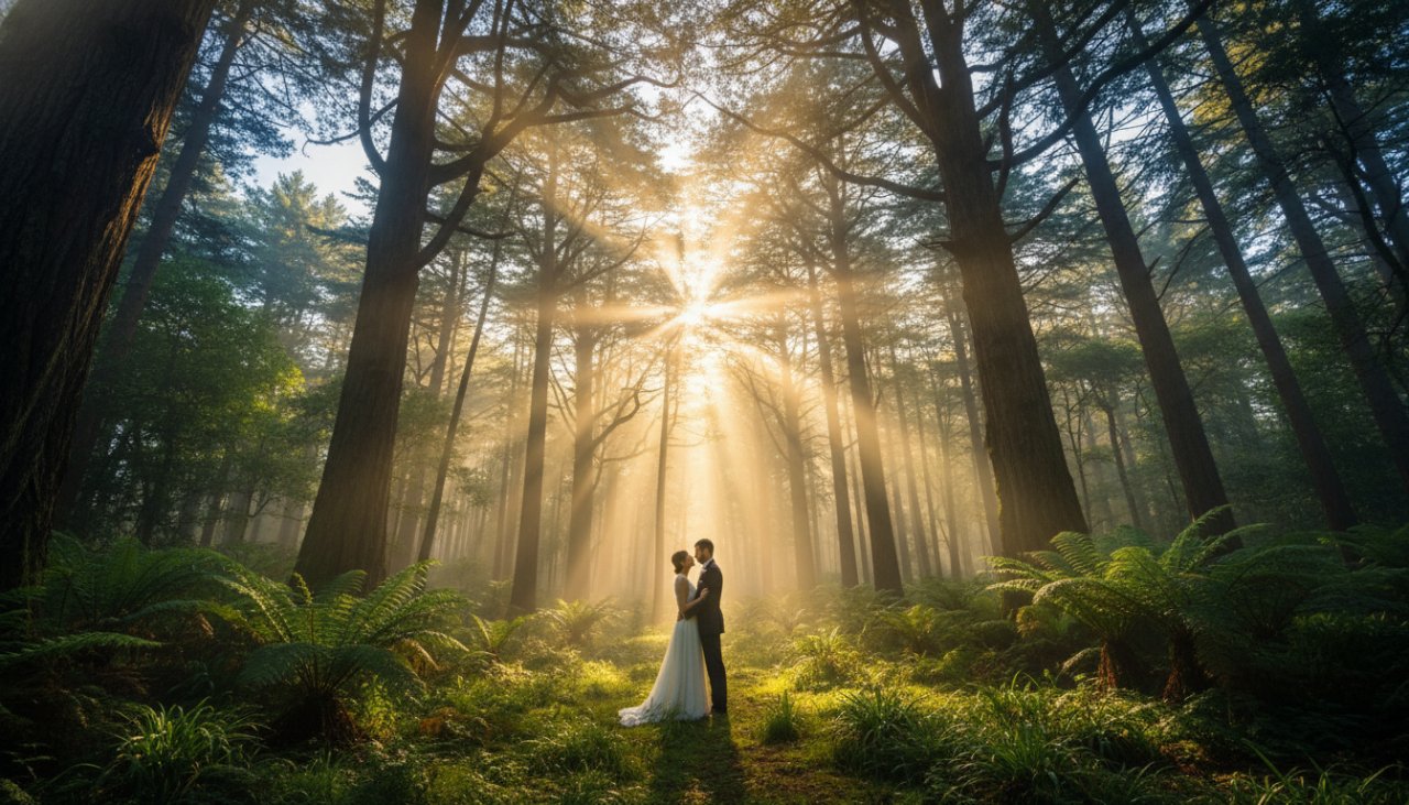 Olinda fine art photography enchanting forest image featuring a couple silhouetted by golden hour light filtering through ancient fern trees, evoking a sense of timeless romance.
