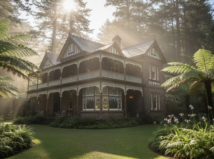 An epic moment capture of a grand, historic timber homestead nestled amongst lush fern trees in Olinda, Dandenong Ranges, Victoria, bathed in soft, golden hour light, highlighting the intricate craftsmanship for Olinda Heritage Architecture Photography Victoria.