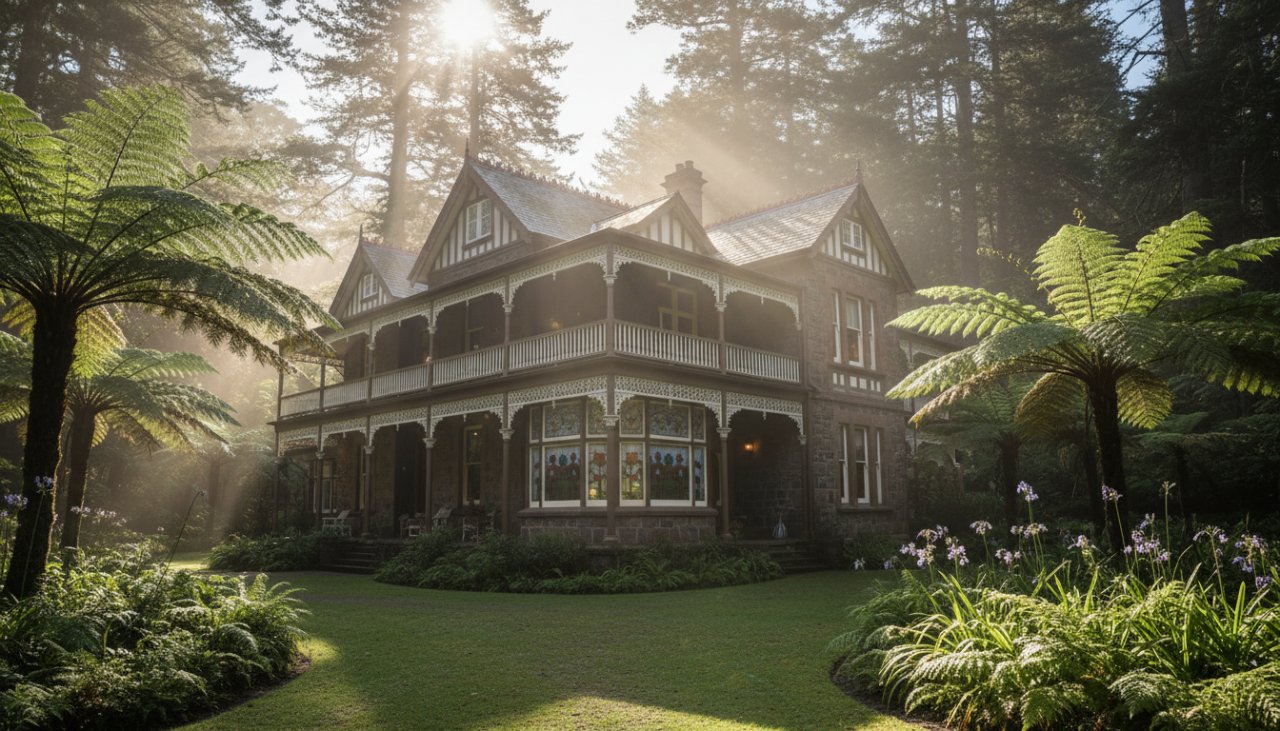 An epic moment capture of a grand, historic timber homestead nestled amongst lush fern trees in Olinda, Dandenong Ranges, Victoria, bathed in soft, golden hour light, highlighting the intricate craftsmanship for Olinda Heritage Architecture Photography Victoria.