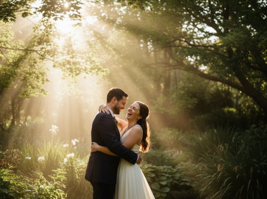 A candid, joyous moment captured during Olinda intimate event photography Dandenongs charm, showing guests laughing amidst lush botanical gardens in the golden hour, with soft, ethereal lighting.
