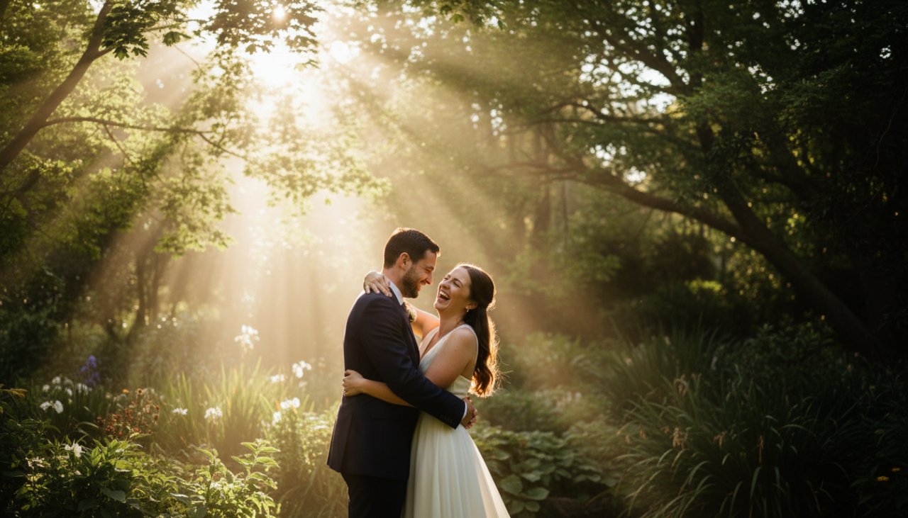 A candid, joyous moment captured during Olinda intimate event photography Dandenongs charm, showing guests laughing amidst lush botanical gardens in the golden hour, with soft, ethereal lighting.