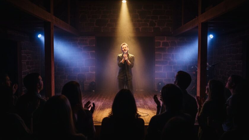 Dynamic wide-angle shot capturing the electric energy of an Olinda intimate live music photography captures moment, with a lead singer bathed in vibrant stage lights, audience members silhouetted, and musical notes visually represented through light trails.