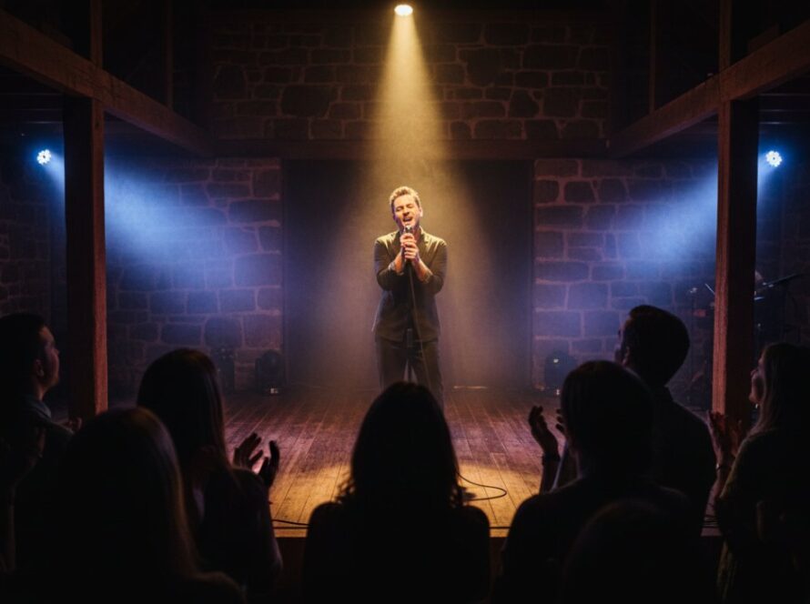Dynamic wide-angle shot capturing the electric energy of an Olinda intimate live music photography captures moment, with a lead singer bathed in vibrant stage lights, audience members silhouetted, and musical notes visually represented through light trails.