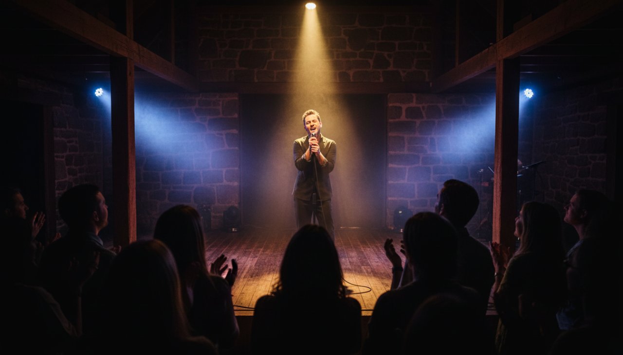Dynamic wide-angle shot capturing the electric energy of an Olinda intimate live music photography captures moment, with a lead singer bathed in vibrant stage lights, audience members silhouetted, and musical notes visually represented through light trails.