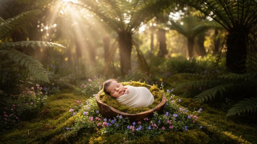 A breathtaking, soft-focus 'epic moment' photograph capturing an Olinda newborn photography enchanting garden portrait. A sleeping baby is nestled gently in a moss-lined basket, surrounded by ethereal light filtering through the fern-laden canopy of an Olinda garden, evoking peace and natural beauty.
