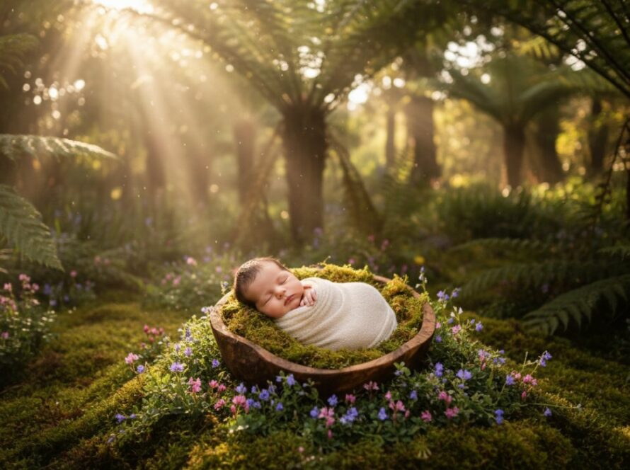 A breathtaking, soft-focus 'epic moment' photograph capturing an Olinda newborn photography enchanting garden portrait. A sleeping baby is nestled gently in a moss-lined basket, surrounded by ethereal light filtering through the fern-laden canopy of an Olinda garden, evoking peace and natural beauty.