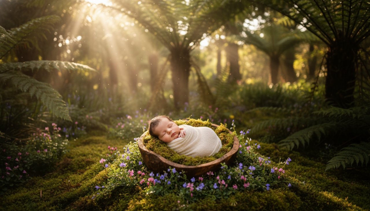 A breathtaking, soft-focus 'epic moment' photograph capturing an Olinda newborn photography enchanting garden portrait. A sleeping baby is nestled gently in a moss-lined basket, surrounded by ethereal light filtering through the fern-laden canopy of an Olinda garden, evoking peace and natural beauty.