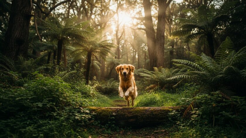 An epic moment of Olinda pet photography Dandenong Ranges memorable moments, featuring a golden retriever joyfully leaping through dappled sunlight in a lush Olinda fern gully, captured from a low angle, showing its happy expression.