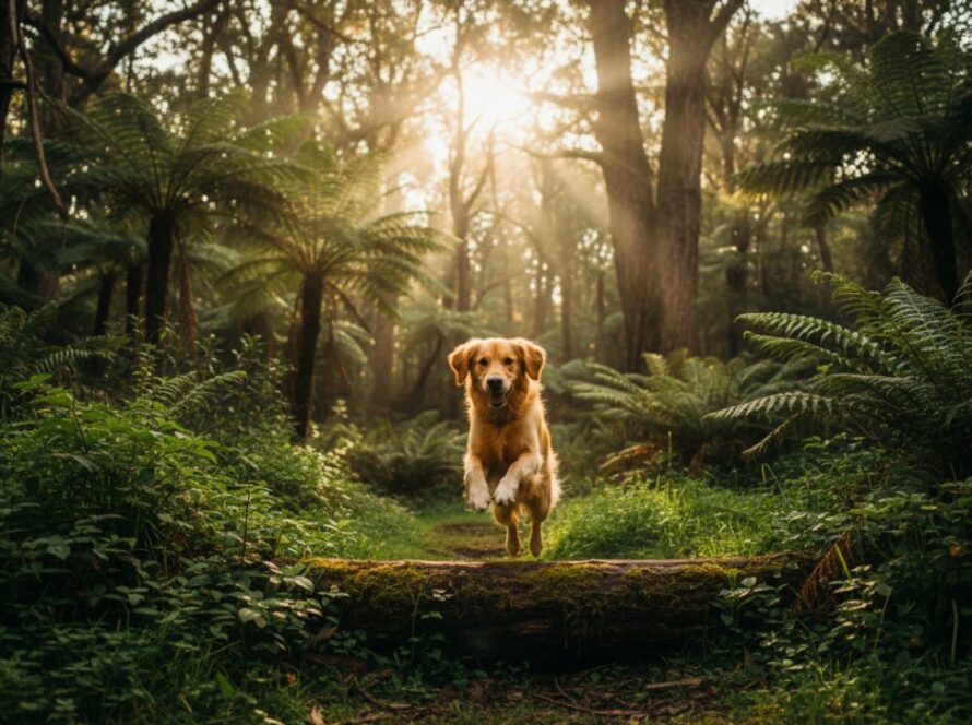 An epic moment of Olinda pet photography Dandenong Ranges memorable moments, featuring a golden retriever joyfully leaping through dappled sunlight in a lush Olinda fern gully, captured from a low angle, showing its happy expression.