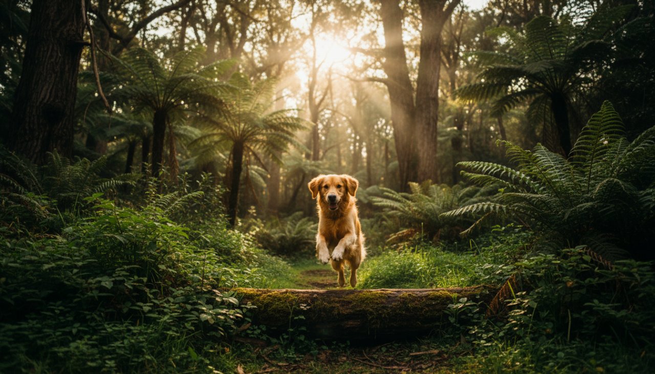 An epic moment of Olinda pet photography Dandenong Ranges memorable moments, featuring a golden retriever joyfully leaping through dappled sunlight in a lush Olinda fern gully, captured from a low angle, showing its happy expression.