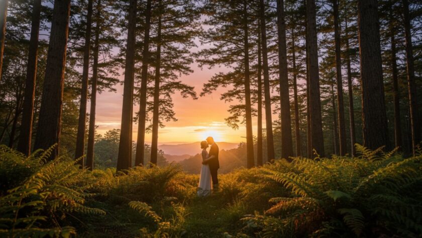 An intimate and romantic Olinda pre-wedding photoshoot Dandenong Ranges moment, featuring a couple embracing softly amidst the vibrant rhododendrons and towering mountain ash trees in the soft golden hour light, capturing their serene love story.