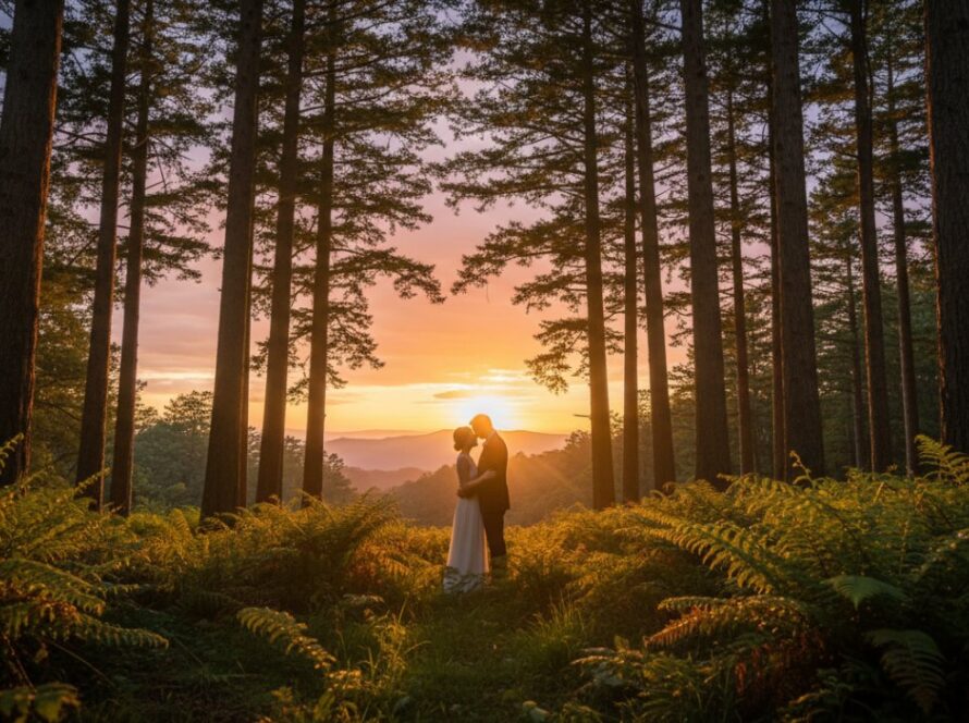 An intimate and romantic Olinda pre-wedding photoshoot Dandenong Ranges moment, featuring a couple embracing softly amidst the vibrant rhododendrons and towering mountain ash trees in the soft golden hour light, capturing their serene love story.