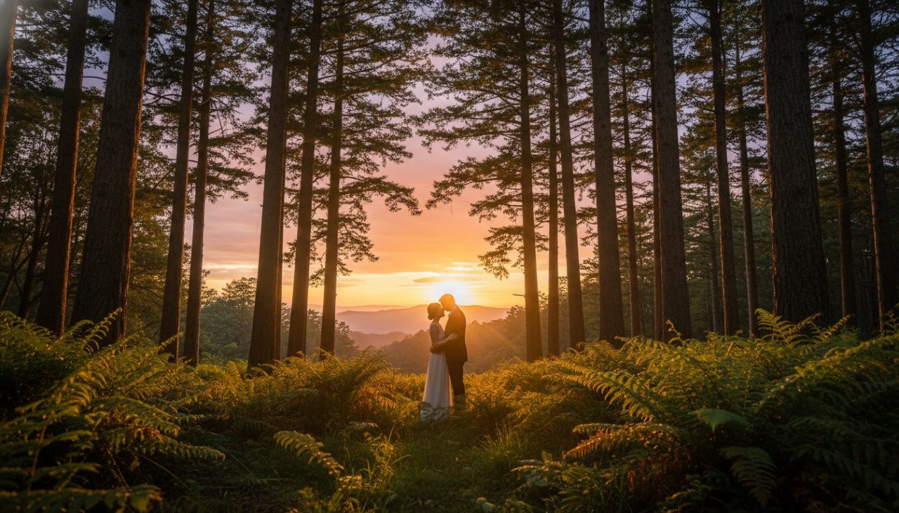 An intimate and romantic Olinda pre-wedding photoshoot Dandenong Ranges moment, featuring a couple embracing softly amidst the vibrant rhododendrons and towering mountain ash trees in the soft golden hour light, capturing their serene love story.