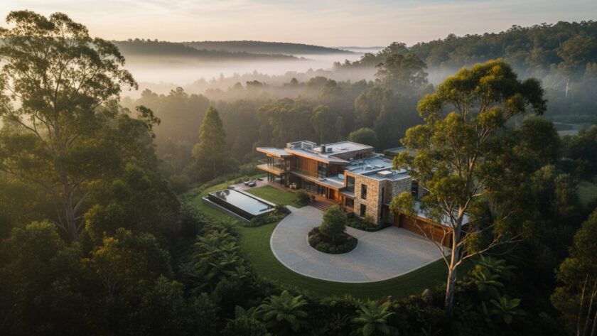 An aerial view capturing a majestic luxury home nestled amidst the lush, mist-kissed Dandenong Ranges, showcasing expert Olinda real estate photography for lush Dandenong Ranges homes, with soft morning light illuminating its grand architecture and expansive gardens.