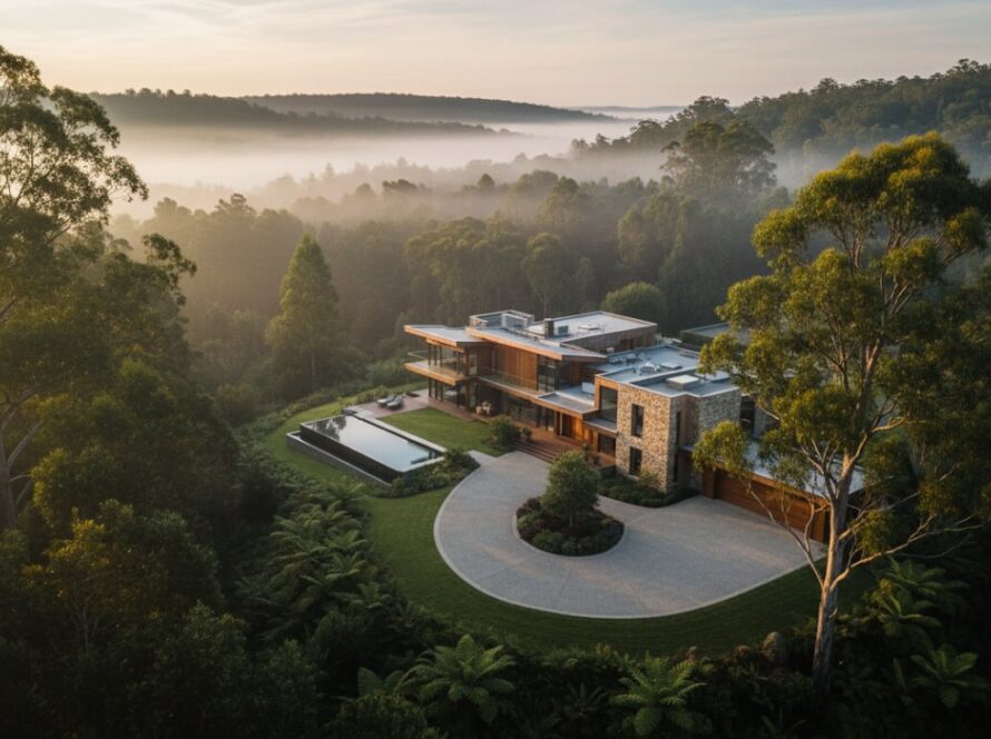 An aerial view capturing a majestic luxury home nestled amidst the lush, mist-kissed Dandenong Ranges, showcasing expert Olinda real estate photography for lush Dandenong Ranges homes, with soft morning light illuminating its grand architecture and expansive gardens.