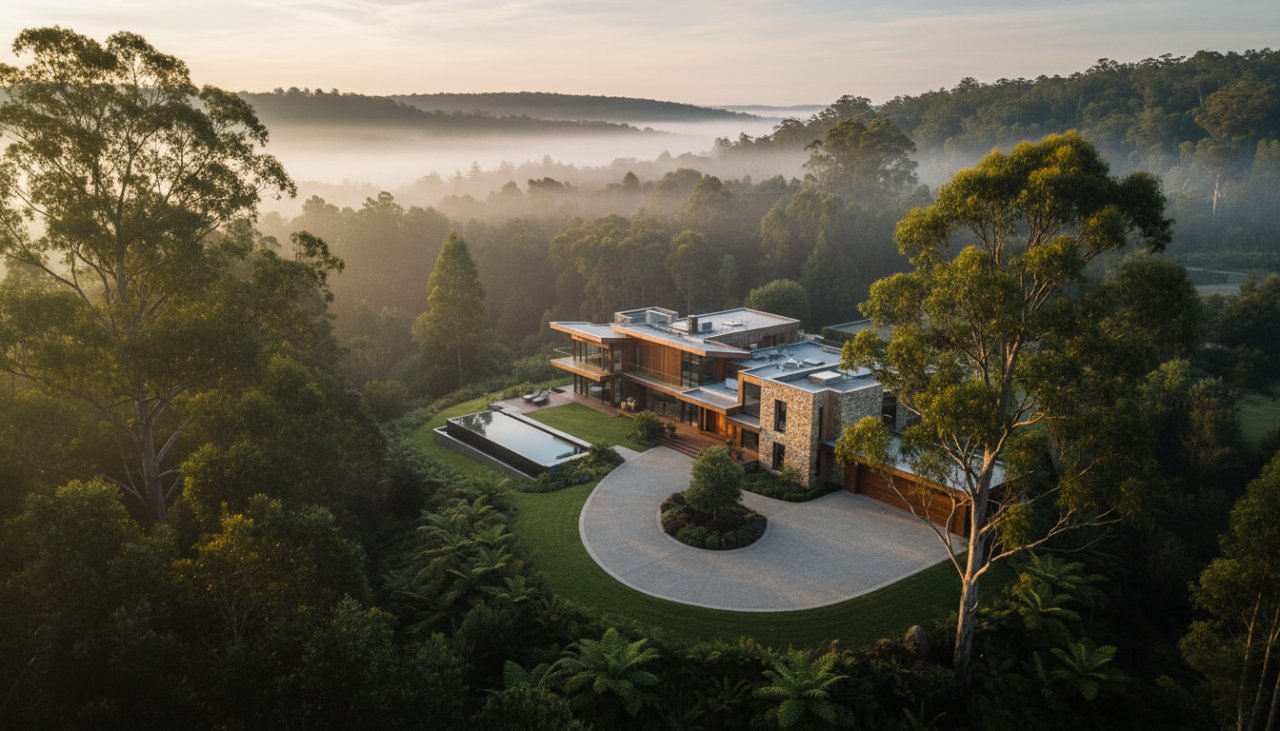 An aerial view capturing a majestic luxury home nestled amidst the lush, mist-kissed Dandenong Ranges, showcasing expert Olinda real estate photography for lush Dandenong Ranges homes, with soft morning light illuminating its grand architecture and expansive gardens.