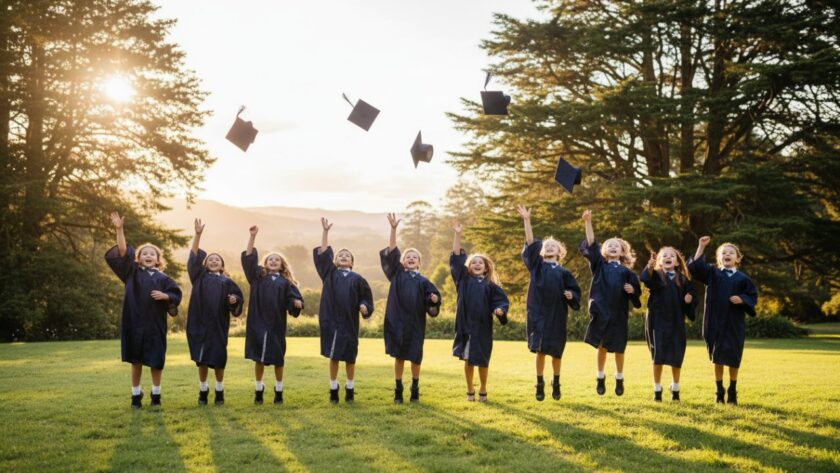 An epic moment captured during Olinda school photography celebrating student milestones, showing a group of beaming primary school children in graduation caps throwing them excitedly into the clear blue sky above lush, sun-drenched Olinda gardens, symbolising joy and future aspirations.