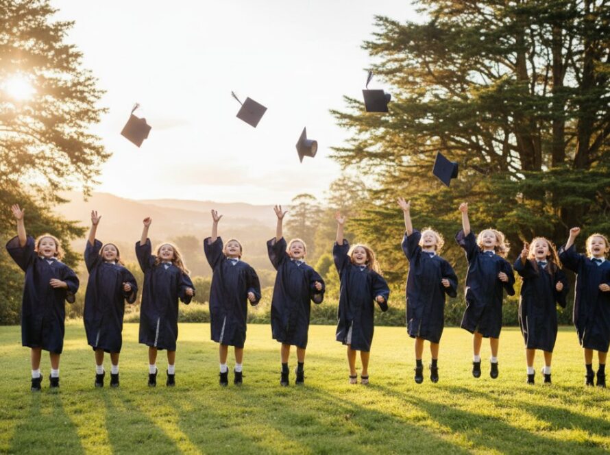 An epic moment captured during Olinda school photography celebrating student milestones, showing a group of beaming primary school children in graduation caps throwing them excitedly into the clear blue sky above lush, sun-drenched Olinda gardens, symbolising joy and future aspirations.