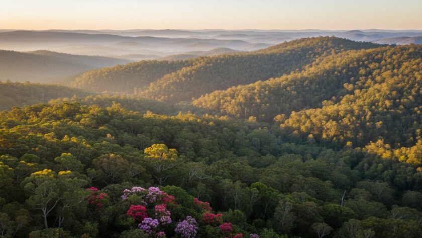 An awe-inspiring Olinda Victoria drone photography Dandenong Ranges panorama at sunrise, showcasing the misty valleys and vibrant green canopy of the Dandenong Ranges, captured from high above, with golden light illuminating a distant landmark like the Olinda Golf Course.