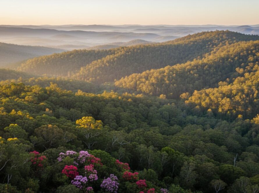 An awe-inspiring Olinda Victoria drone photography Dandenong Ranges panorama at sunrise, showcasing the misty valleys and vibrant green canopy of the Dandenong Ranges, captured from high above, with golden light illuminating a distant landmark like the Olinda Golf Course.